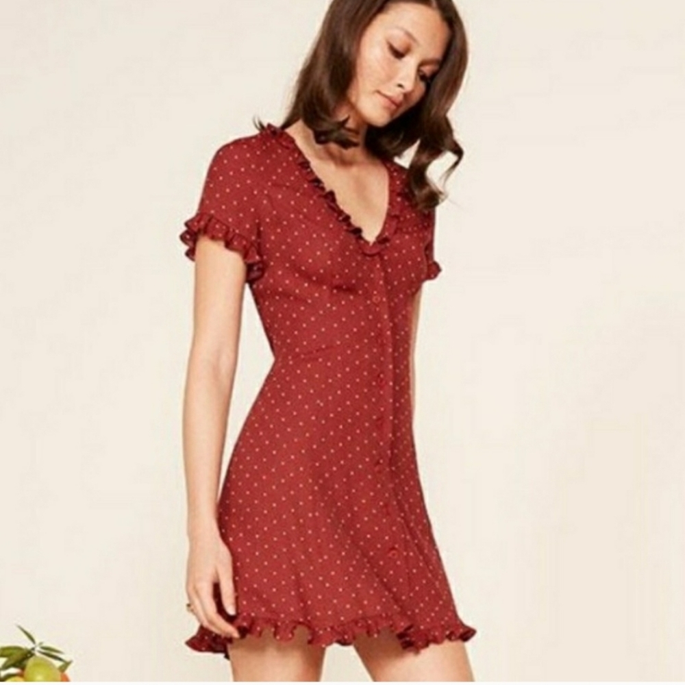 Reformation Dallas Button Front Dress Red Polka Dot Ruffle Collar Size 0